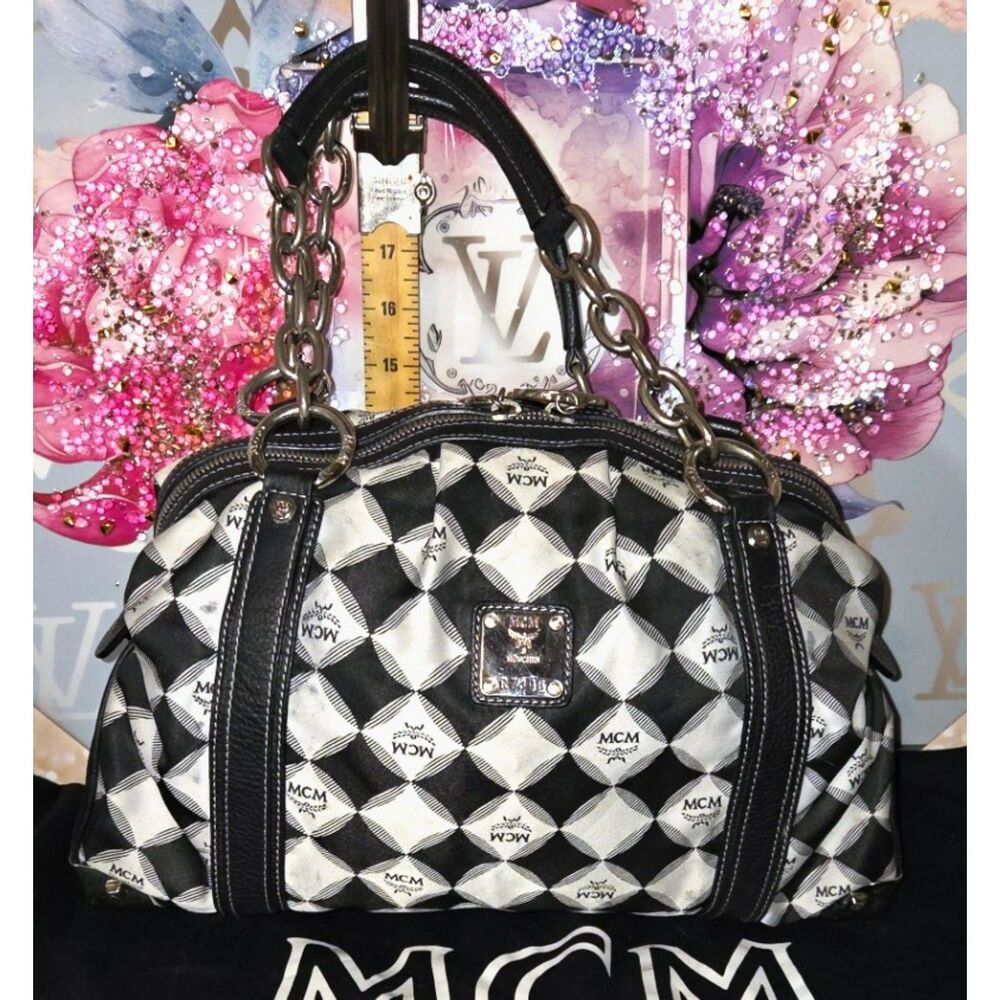 Authentic MCM Vintage Black & White Diamond Monogram Leather Satchel | R7396